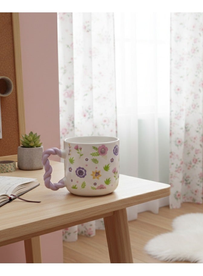 Premium Porcelain Floral Mug 380ml with Purple Twisted Handle and Ergonomic Design for Hot and Cold Drinks - Image 2
